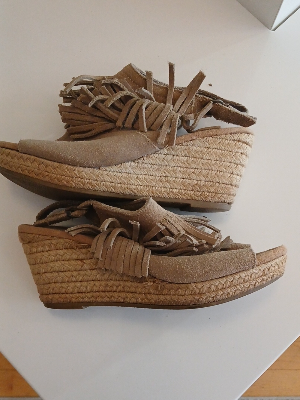 Fringe Espadrille Wedge Sandals in Tan